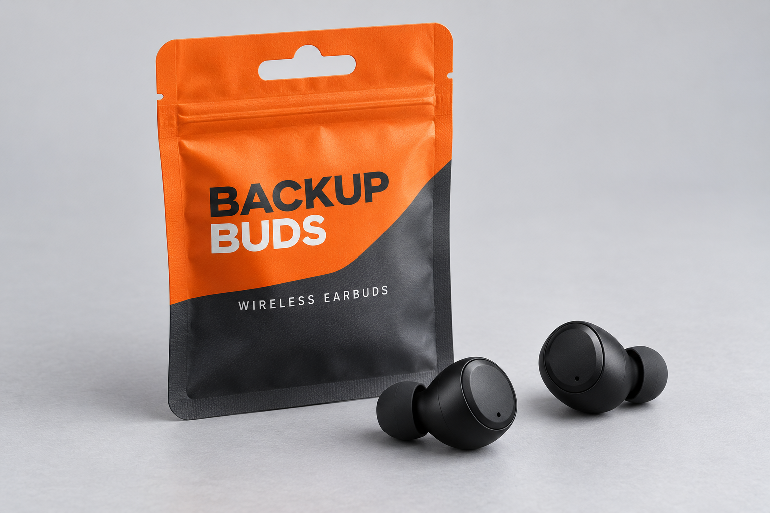 Backup Buds packaging concept with a pair of black wireless earbuds